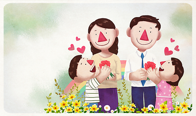 PSD 여자 남자 어린이 꽃밭 일러스트 가족 사랑 웃음 소녀 소년 여러명 상반신 성인 초록색 부모 자녀 풀 어버이날 카네이션 감사 5월행사 가정의달 국내일러스트 식물 기념일 꽃 감정 컬러 다수 관계 표정 사람 이벤트 5월 파일형식