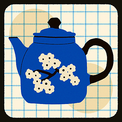 꽃 패턴 일러스트 티타임 사람없음 파란색 나뭇가지 빈티지 원형 찻주전자 엽서 격자 베이지색 국내일러스트 AI파일 도형 나무 식물 컬러 컨셉 무늬 주전자 휴식 편지 파일형식 벡터