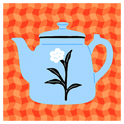 꽃 줄기 하늘색 잎 패턴 일러스트 티타임 사람없음 주황색 빈티지 찻주전자 체크무늬 엽서 국내일러스트 AI파일 식물 컬러 컨셉 무늬 주전자 휴식 파란색 편지 파일형식 벡터