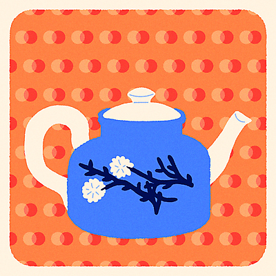 꽃 패턴 일러스트 티타임 사람없음 파란색 주황색 나뭇가지 빈티지 원형 찻주전자 엽서 국내일러스트 AI파일 도형 나무 식물 컬러 컨셉 무늬 주전자 휴식 편지 파일형식 벡터