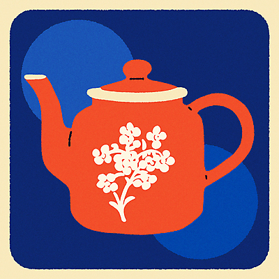 꽃 일러스트 티타임 사람없음 빨간색 파란색 빈티지 원형 찻주전자 엽서 국내일러스트 AI파일 도형 식물 컬러 컨셉 주전자 휴식 편지 파일형식 벡터