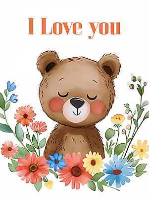 JPG 꽃잎 프로포즈 잎 일러스트 곰 수채화 사랑 사람없음 귀여움 눈감음 봄 수줍음 국내일러스트 AI일러스트 AI콘텐츠 식물 동물 계절 꽃 감정 컨셉 포유류 모션 파일형식