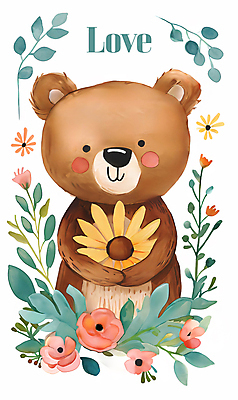 JPG 꽃잎 프로포즈 잎 일러스트 곰 해바라기 수채화 사랑 사람없음 귀여움 봄 수줍음 국내일러스트 AI일러스트 AI콘텐츠 식물 동물 계절 꽃 감정 컨셉 포유류 파일형식