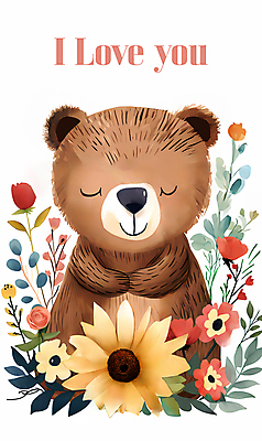 JPG 꽃잎 프로포즈 잎 일러스트 곰 수채화 사랑 사람없음 귀여움 눈감음 봄 국내일러스트 AI일러스트 AI콘텐츠 식물 동물 계절 꽃 감정 컨셉 포유류 모션 파일형식