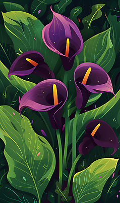 JPG 줄기 잎 일러스트 사람없음 보라색 카라 국내일러스트 AI일러스트 AI콘텐츠 식물 꽃 컬러 파일형식