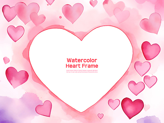 PSD 편집이미지 분홍색 수채화 프레임 사랑 사람없음 로맨틱 하트 질감 번짐 이미지편집 모양 감정 컬러 컨셉 파일형식 효과
