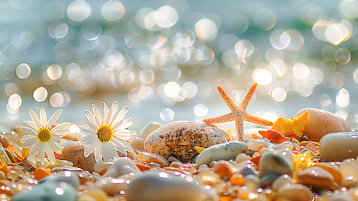JPG 편집이미지 꽃 자연 조개 불가사리 풍경 해변 사람없음 여름 햇빛 평화 돌_바위 보케 편집실사 AI포토 AI콘텐츠 식물 계절 바다 컨셉 어패류 극피동물 태양 CG 생태계 파일형식