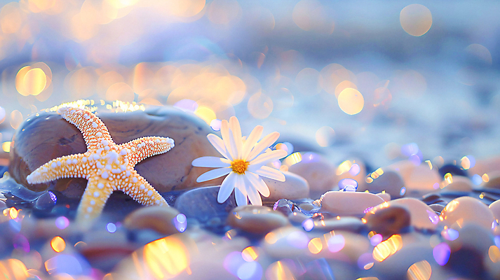JPG 편집이미지 꽃 자연 조개 불가사리 풍경 해변 사람없음 여름 햇빛 평화 돌_바위 보케 편집실사 AI포토 AI콘텐츠 식물 계절 바다 컨셉 어패류 극피동물 태양 CG 생태계 파일형식