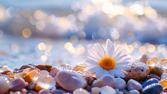 JPG 편집이미지 꽃 자연 조개 풍경 해변 사람없음 여름 햇빛 평화 돌_바위 보케 편집실사 AI포토 AI콘텐츠 식물 계절 바다 컨셉 어패류 태양 CG 생태계 파일형식