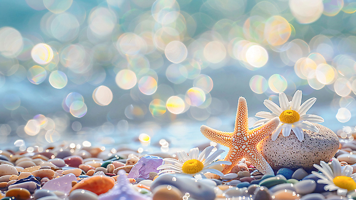 JPG 편집이미지 꽃 자연 조개 불가사리 풍경 해변 사람없음 여름 햇빛 평화 돌_바위 보케 편집실사 AI포토 AI콘텐츠 식물 계절 바다 컨셉 어패류 극피동물 태양 CG 생태계 파일형식