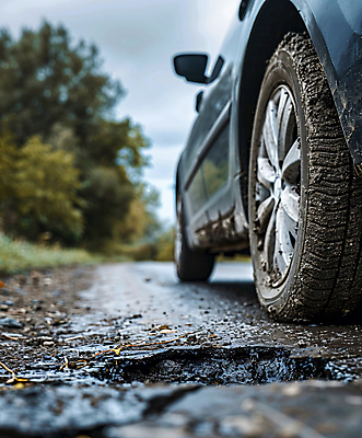 JPG 편집이미지 도로 자동차 공사 사람없음 파란색 균열 위험 사건 재해 웅덩이 편집실사 AI포토 AI콘텐츠 길 육상교통 컬러 컨셉 교통시설 모션 건설업 CG 파일형식