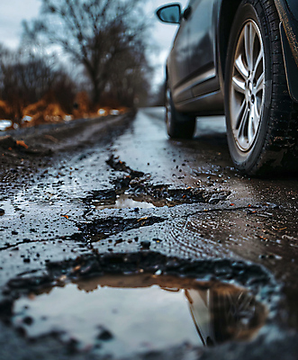 JPG 편집이미지 도로 자동차 공사 사람없음 파란색 균열 위험 사건 재해 웅덩이 편집실사 AI포토 AI콘텐츠 길 육상교통 컬러 컨셉 교통시설 모션 건설업 CG 파일형식