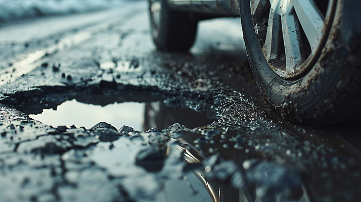 JPG 편집이미지 도로 자동차 공사 사람없음 파란색 균열 위험 사건 재해 웅덩이 편집실사 AI포토 AI콘텐츠 길 육상교통 컬러 컨셉 교통시설 모션 건설업 CG 파일형식