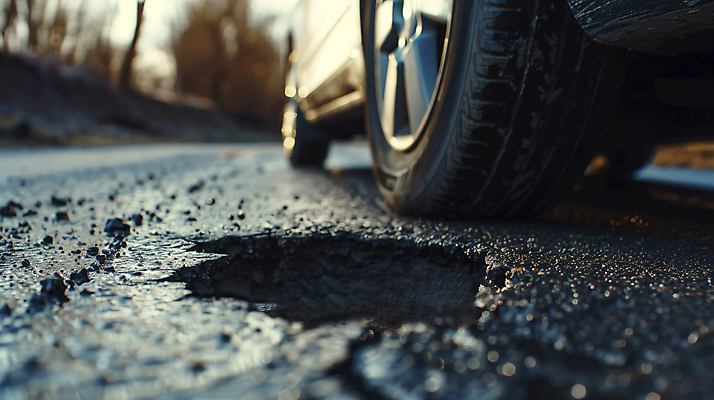 JPG 편집이미지 도로 자동차 공사 사람없음 파란색 균열 위험 사건 재해 웅덩이 편집실사 AI포토 AI콘텐츠 길 육상교통 컬러 컨셉 교통시설 모션 건설업 CG 파일형식