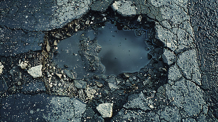 JPG 편집이미지 도로 자동차 공사 사람없음 파란색 균열 위험 사건 재해 웅덩이 편집실사 AI포토 AI콘텐츠 길 육상교통 컬러 컨셉 교통시설 모션 건설업 CG 파일형식