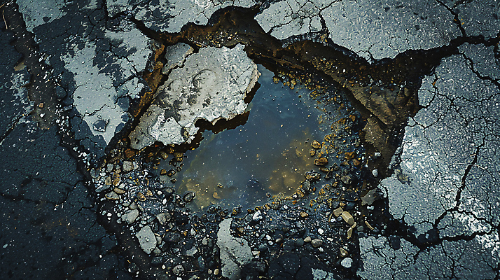 JPG 편집이미지 도로 자동차 공사 사람없음 파란색 균열 위험 사건 재해 웅덩이 편집실사 AI포토 AI콘텐츠 길 육상교통 컬러 컨셉 교통시설 모션 건설업 CG 파일형식