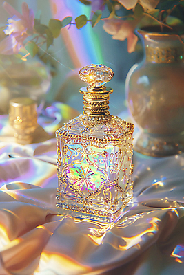 JPG 편집이미지 꽃 잎 사람없음 빛 반짝임 모형 꽃병 투명 보석 천 디지털합성 향수병 편집실사 AI포토 AI콘텐츠 식물 모션 직물 광석 향수 CG 병_담는 파일형식