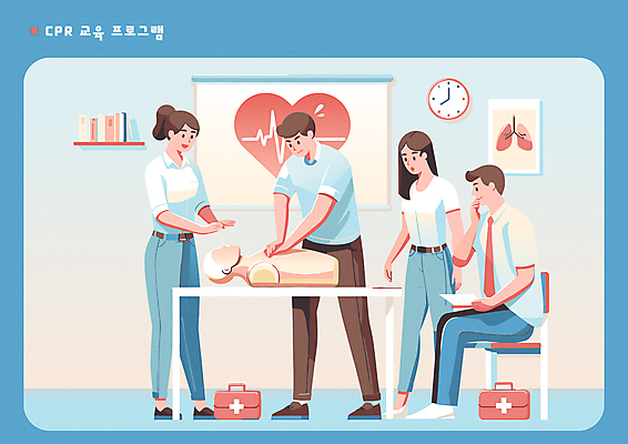 전신 여자 교육 남자 시계 일러스트 회사 의학 앉기 여러명 성인 파란색 긴급 직장인 구급상자 마네킹 실습 심전도 심폐소생술 응급상황 응급치료 매뉴얼 성인만 행동요령 국내일러스트 AI파일 직업 컬러 다수 비즈니스 모션 안전 사람 치료 응급 의료용품 파일형식 벡터