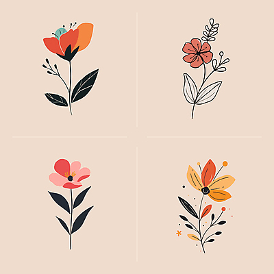 꽃 선 줄기 잎 일러스트 사람없음 빈티지 심플 국내일러스트 AI파일 식물 컨셉 파일형식 벡터