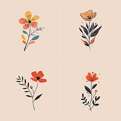 꽃 선 줄기 잎 일러스트 사람없음 빈티지 심플 국내일러스트 AI파일 식물 컨셉 파일형식 벡터