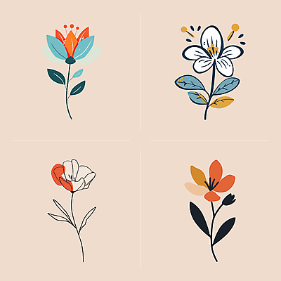 꽃 선 줄기 잎 일러스트 사람없음 빈티지 심플 국내일러스트 AI파일 식물 컨셉 파일형식 벡터
