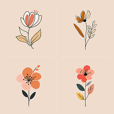 꽃 선 줄기 잎 일러스트 사람없음 빈티지 심플 국내일러스트 AI파일 식물 컨셉 파일형식 벡터