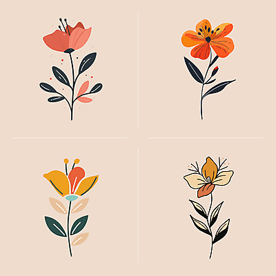 꽃 선 줄기 잎 일러스트 사람없음 빈티지 심플 국내일러스트 AI파일 식물 컨셉 파일형식 벡터