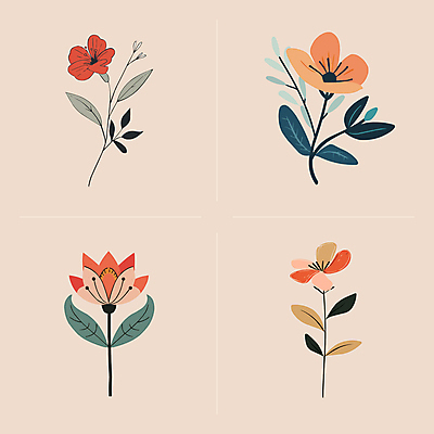 꽃 선 줄기 잎 일러스트 사람없음 빈티지 심플 국내일러스트 AI파일 식물 컨셉 파일형식 벡터