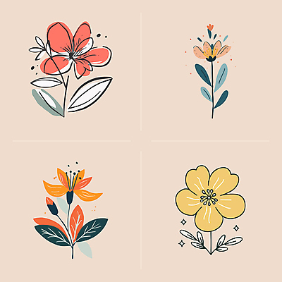 꽃 선 줄기 잎 일러스트 사람없음 빈티지 심플 국내일러스트 AI파일 식물 컨셉 파일형식 벡터