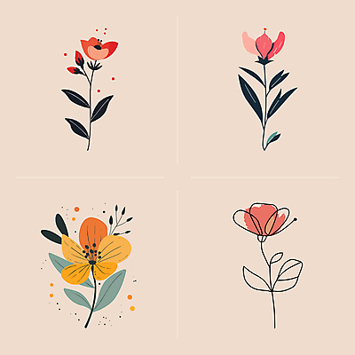 꽃 선 줄기 잎 일러스트 사람없음 빈티지 심플 국내일러스트 AI파일 식물 컨셉 파일형식 벡터