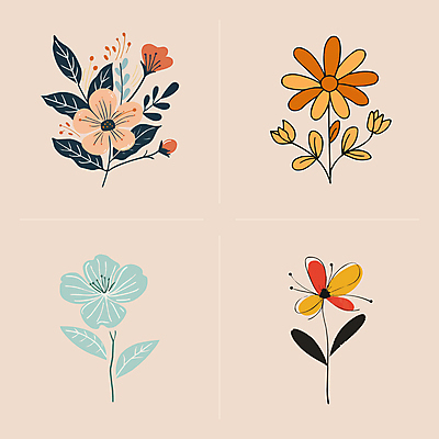 꽃 선 줄기 잎 일러스트 사람없음 빈티지 심플 국내일러스트 AI파일 식물 컨셉 파일형식 벡터