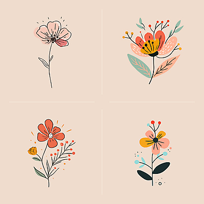 꽃 선 줄기 잎 일러스트 사람없음 빈티지 심플 국내일러스트 AI파일 식물 컨셉 파일형식 벡터