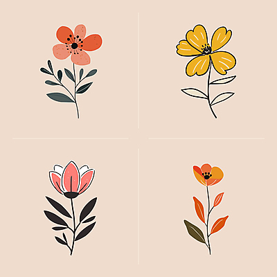 꽃 선 줄기 잎 일러스트 사람없음 빈티지 심플 국내일러스트 AI파일 식물 컨셉 파일형식 벡터