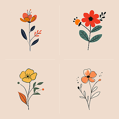 꽃 선 줄기 잎 일러스트 사람없음 빈티지 심플 국내일러스트 AI파일 식물 컨셉 파일형식 벡터