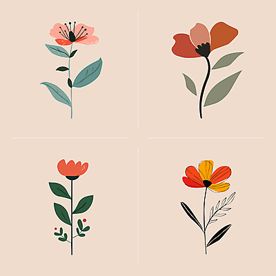 꽃 선 줄기 잎 일러스트 사람없음 빈티지 심플 국내일러스트 AI파일 식물 컨셉 파일형식 벡터