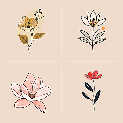 꽃 선 줄기 잎 일러스트 사람없음 빈티지 심플 국내일러스트 AI파일 식물 컨셉 파일형식 벡터