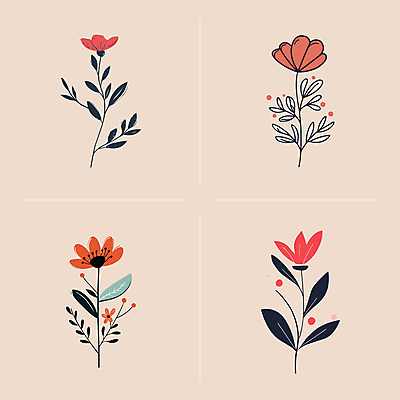 꽃 선 줄기 잎 일러스트 사람없음 빈티지 심플 국내일러스트 AI파일 식물 컨셉 파일형식 벡터