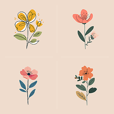 꽃 선 줄기 잎 일러스트 사람없음 빈티지 심플 국내일러스트 AI파일 식물 컨셉 파일형식 벡터