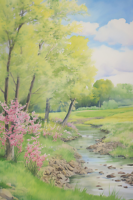 JPG 나무 구름 꽃 일러스트 하늘 수채화 초원 사람없음 봄풍경 봄 벚꽃 개울 벚나무 싱그러움 국내일러스트 AI일러스트 AI콘텐츠 자연요소 식물 계절 풍경 강 파일형식