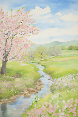 JPG 나무 구름 꽃 일러스트 하늘 수채화 산 초원 사람없음 봄풍경 봄 벚꽃 개울 벚나무 싱그러움 국내일러스트 AI일러스트 AI콘텐츠 자연요소 식물 계절 풍경 강 파일형식