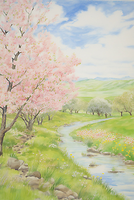 JPG 나무 구름 꽃 일러스트 하늘 수채화 초원 사람없음 봄풍경 봄 벚꽃 개울 벚나무 오솔길 싱그러움 국내일러스트 AI일러스트 AI콘텐츠 자연요소 식물 계절 길 풍경 강 파일형식