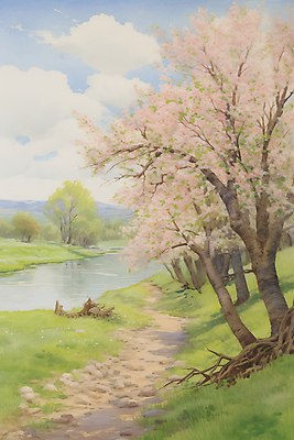 JPG 나무 구름 꽃 일러스트 하늘 수채화 산 초원 사람없음 봄풍경 봄 벚꽃 개울 벚나무 싱그러움 국내일러스트 AI일러스트 AI콘텐츠 자연요소 식물 계절 풍경 강 파일형식