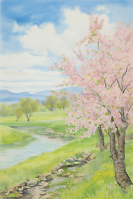 JPG 나무 구름 꽃 일러스트 하늘 수채화 산 초원 사람없음 봄풍경 봄 벚꽃 개울 벚나무 싱그러움 국내일러스트 AI일러스트 AI콘텐츠 자연요소 식물 계절 풍경 강 파일형식