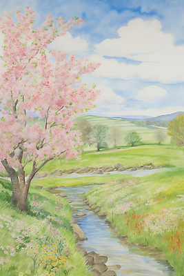 JPG 나무 구름 꽃 일러스트 하늘 수채화 산 초원 사람없음 봄풍경 봄 벚꽃 개울 벚나무 싱그러움 국내일러스트 AI일러스트 AI콘텐츠 자연요소 식물 계절 풍경 강 파일형식