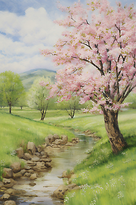 JPG 나무 구름 꽃 일러스트 하늘 수채화 산 초원 사람없음 봄풍경 봄 벚꽃 개울 벚나무 싱그러움 국내일러스트 AI일러스트 AI콘텐츠 자연요소 식물 계절 풍경 강 파일형식