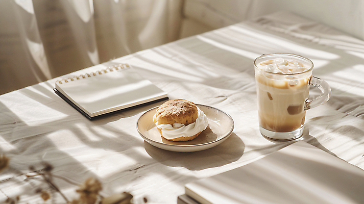 JPG 편집이미지 그릇 음료 음식 디저트 잔 그림자 사람없음 책 공책 식탁보 달콤 크림 디지털합성 맛집 크림빵 편집실사 AI포토 AI콘텐츠 식기 빵 문구용품 맛 CG 파일형식