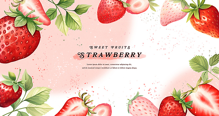 PSD 백그라운드 잎 일러스트 딸기 수채화 프레임 사람없음 빨간색 국내일러스트 식물 컬러 과일 파일형식