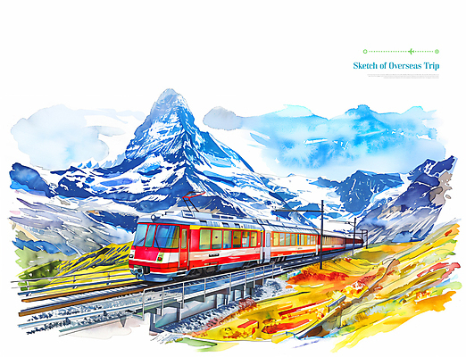 PSD 편집이미지 해외여행 여행 풍경 사람없음 컬러풀 세계 글로벌 기찻길 기차 스케치 스위스 알프스 이미지편집 해외 유럽 육상교통 컬러 대중교통 미술 파일형식