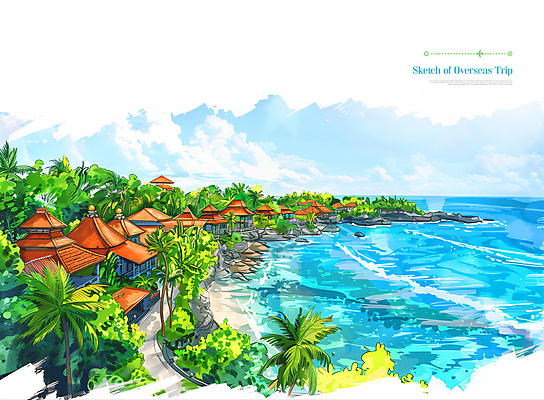 PSD 편집이미지 바다 해외여행 여행 고건축 풍경 해변 사람없음 컬러풀 세계 글로벌 야자수 스케치 발리 인도네시아 이미지편집 나무 해외 건축물 아시아 컬러 섬 미술 파일형식