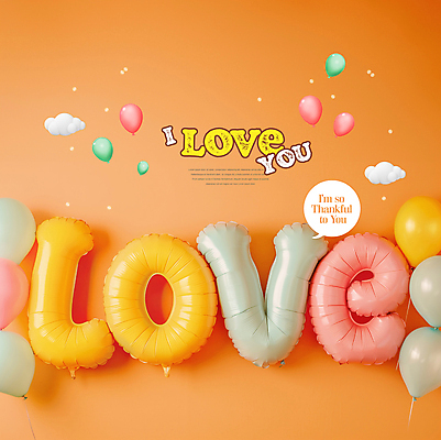 PSD 구름 편집이미지 문자 백그라운드 말풍선 사랑 타이포그라피 사람없음 주황색 감사 꽃가루 풍선 이미지편집 자연요소 감정 컬러 가루 파일형식